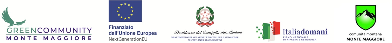 Loghi istituzionali: Green Community Monte Maggiore, Finanziato dall’Unione Europea NextGenerationEU, Presidenza del Consiglio dei Ministri, Italia Domani PNRR, Comunità Montana Monte Maggiore